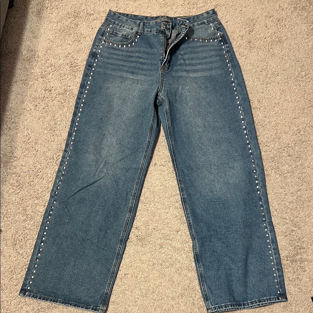 Women's Blue Flare Jeans with Studded Detail